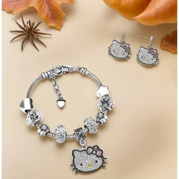 Hello Kitty Rhinestone Charm Bracelet & Earrings Set – 8 Adorable Charms - Picture 2 of 2